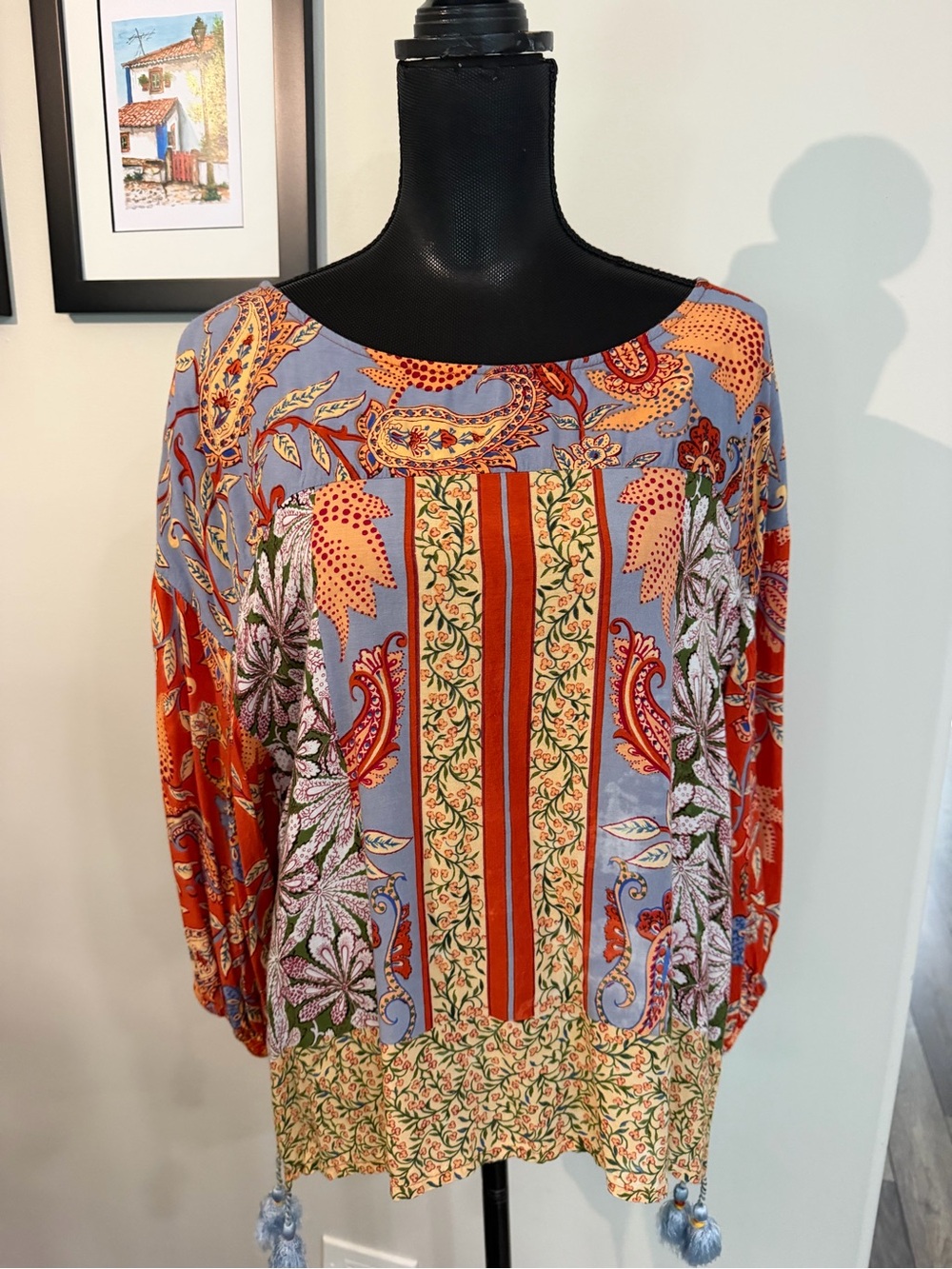 Anthropologie Women’s Boho Patchwork Floral Blouse - Lavender & Orange S